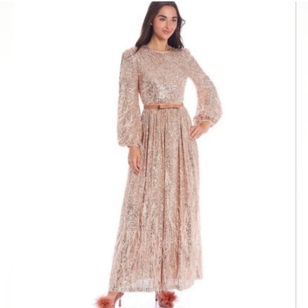 ANTONIO MELANI Rose Gold Sequin Lace Maxi Dress